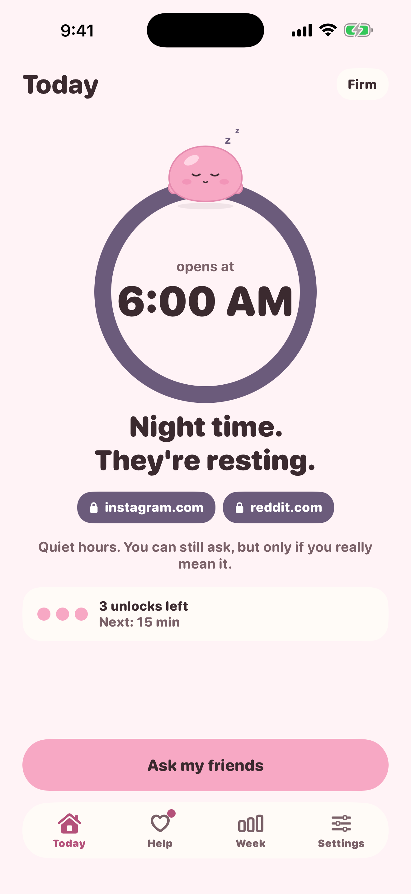 Pinky's home screen: Instagram and reddit.com locked, 45 of 45 minutes used, Ask my friends button